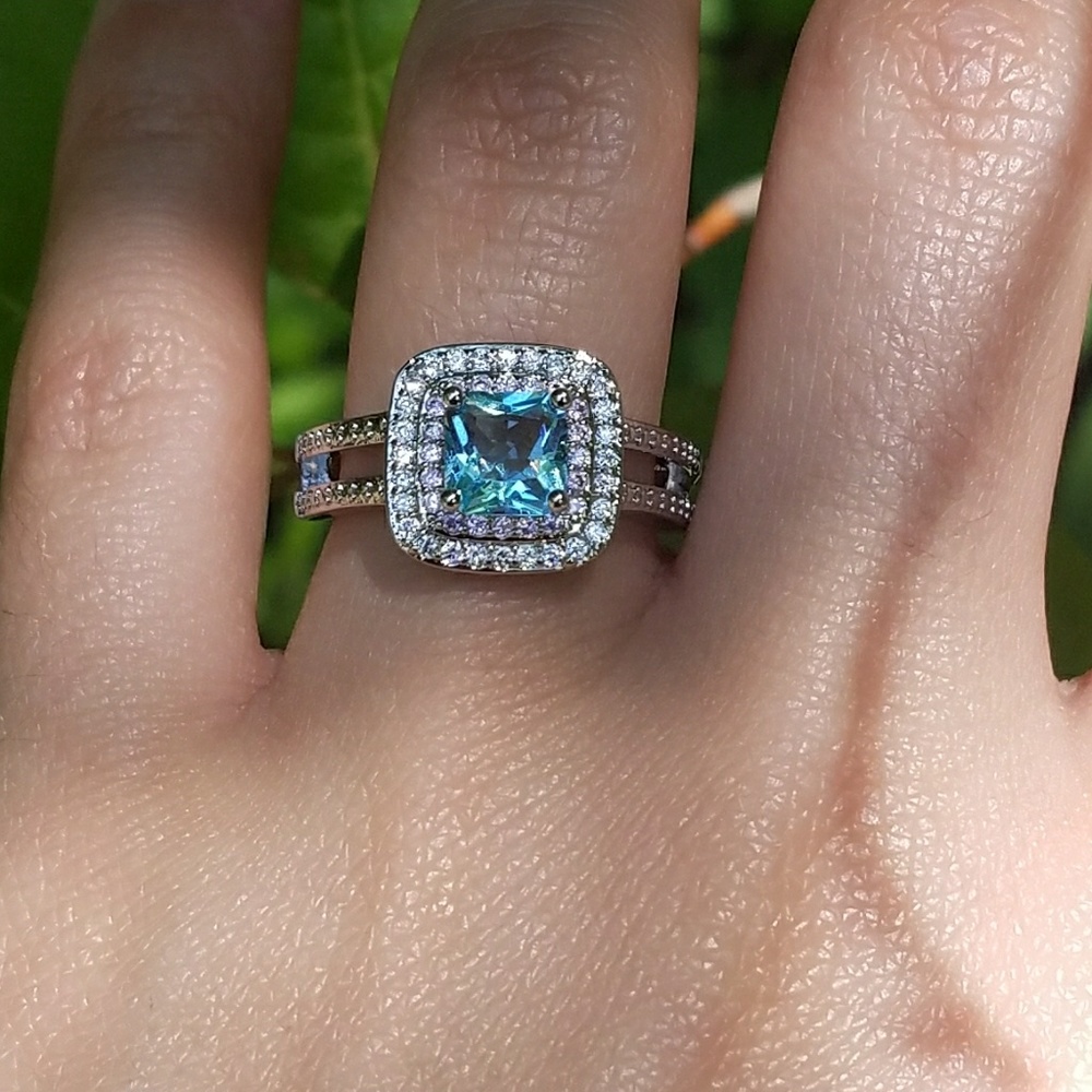 NEW Silver Blue Princess Cut Double Pink Halo Ring - Picture 5 of 5